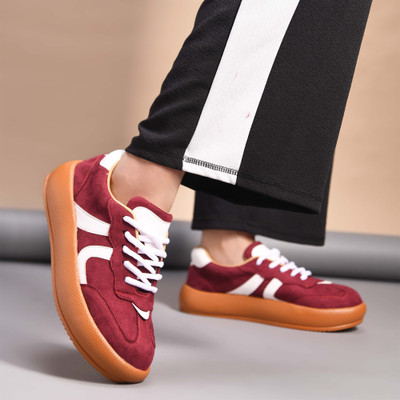 jm looks Women Chunky Sneakers Lace-Up Casual Shoes for Women Daily Wear Gym Office Wear Sneakers For Women(Maroon , 5)