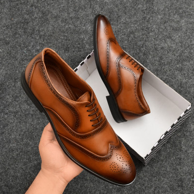 BARBATO Men's Genuine Leather (Crust Leather) Handmade Lace-up Brogue Formal Shoes Lace Up For Men(Tan , 8)