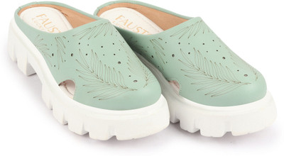 FAUSTO Fashion Outdoor Leaf Print Laser Cut Design Open Back Slip On Casual Shoes Slip On Sneakers For Women(Green , 3)