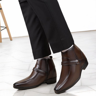 YUVRATO BAXI Men's 9 CM Hidden Height Increasing Brown Casual Formal Slip On Buckle Boot Boots For Men(Brown , 6)