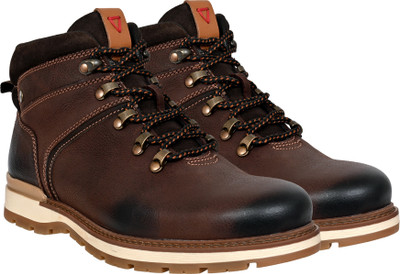 HX London Brown Leather Round Toe Mid Top Lace-Up Boots Boots For Men(Brown , 6)