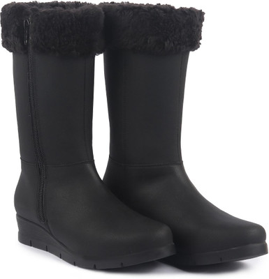 FAUSTO High Ankle Zipper Winter Classic Fur Boots|Platform Wedge Heel Mid Calf Work Boots For Women(Black , 3)