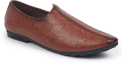 FAUSTO Textured Floral Prints Slip On Ethnic Juttis and Mojaris For Men(Tan , 8)