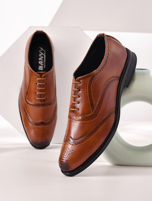 BANYY Leather Mid-Top Formal Shoes Men's/Office Leather Shoe For Men/Derby Formal Derby For Men(Tan , 9)