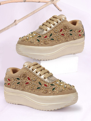 VENDOZ BRIDAL GLITTERY EMBROIDERY WEDDING AND PARTY SNEAKERS For Women(Gold, Beige , 6)