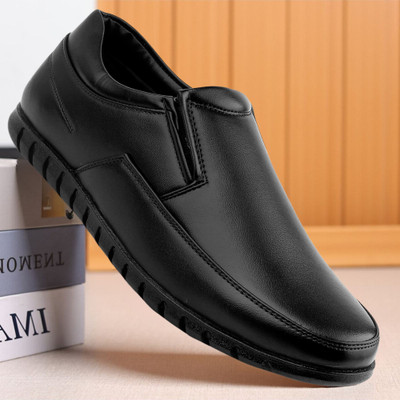 Zixer official Leather Formal shoes for men without lace Up Formal party shoes Boys Derby For Men(Black , 10)