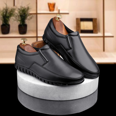 Zixer Genuine Synthetic Leather Office Black Formal Shoes For Men Branded Without Lace Slip On For Men(Black , 7)