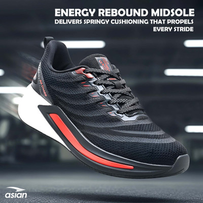 asian Powerplay-25 Men's Running Shoes | Sports Sneakers Lightweight & Stylish Running Shoes For Men(Black, Red , 8)