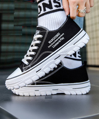 JAMARION Trendy Black casual sneakers for men and boys Canvas Shoes For Men(Black , 8)