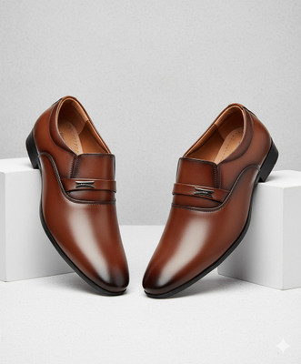 kickonus Stylish Men's Formal Slip-On Shoes - Premium Polished Synthetic Leather Loafers For Men(Brown , 10)