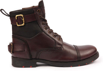 FAUSTO High Ankle Genuine Leather 7-Eye Cap Toe Zipper Classic Biking Boots For Men(Brown , 10)