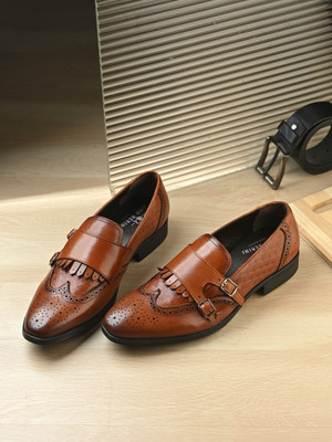 Nico Nerini Men's Luxury Tan Croc Pattern Leather Formal Monk Shoes Slip On For Men(Tan , 10)