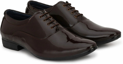 Shoe Island Premium Oxford Patent Leather Coffee Brown Shining Lace-Up Party Wear Designer Formal Shoes Lace Up For Men(Brown , 7)