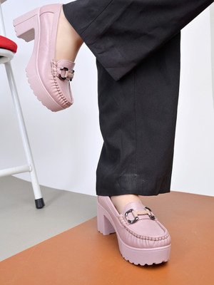 SHOETOPIA High-Heel Platform Loafers|Chunky Block Heel Dress Shoes with Horsebit For Girls Loafers For Women(Purple , 6)