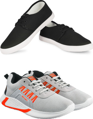 Free Kicks Combo Of 2 Shoes FK-201 & FK-444 Sneakers For Men(Grey, Orange, Black , 6)