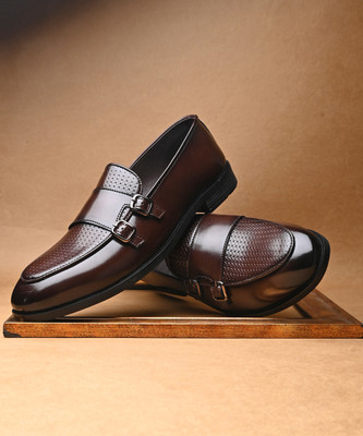 House of Pataudi House of Pataudi Men's Brown Faux Leather Formal Slip On Monk Shoes Monk Strap For Men(Brown , 10)