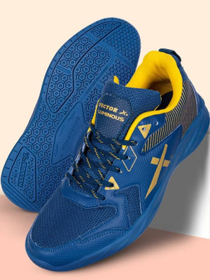 VECTOR X Luminous Elegant Design I Rubber Sole I Synthetic Upper With Mesh Tennis Court Badminton Shoes For Men(Blue, Gold , 3)