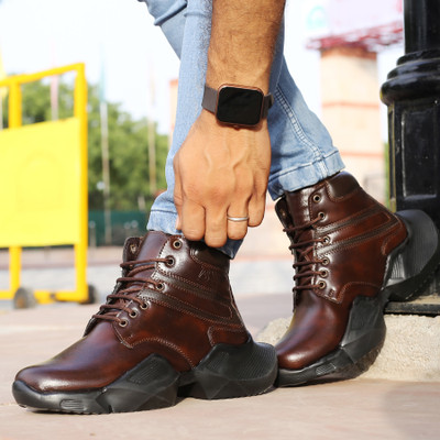 YUVRATO BAXI Men's 4 Inch Hidden Height Increasing Pu Material Casual Brown Derby Boot High Tops For Men(Brown , 6)