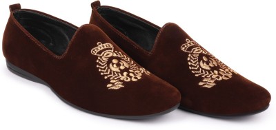 FAUSTO Velvet Embroidery Design Party Casual Slip On Shoes Loafers For Men(Brown)