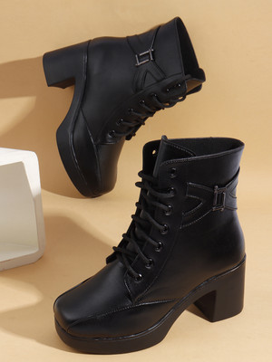KILLER Women’s Combat-Style High Ankle Boots | Lace-Up with Bold Buckle Accent Boots For Women(Black , 5)