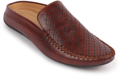 FAUSTO Stitched Block Design Pattern Back Open Slip On Shoes Loafers For Men(Maroon , 8)