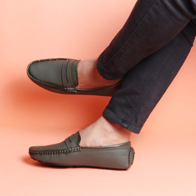 FAUSTO Hand Stitched Comfort Shoes Loafer and Mocassin For Men(Olive , 6)