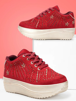 VENDOZ BRIDAL GLITTERY EMBROIDERY WEDDING AND PARTY SNEAKERS For Women(Red, Multicolor , 3)