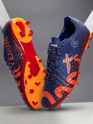 VECTOR X Venom Soccer Studs With PU Upper Embossed | TPU Sole Material Football Shoes | Boots For Men(Dark Blue, Orange , 9)