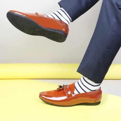 FAUSTO Standard Patent Leather Velvet Horsebit Buckle Formal Tassel Loafer Shoes Slip On For Men(Tan)