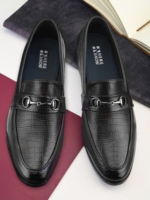 HERE&NOW Black Horsebit Crocodile Slip-Ons Loafers For Men(Black , 12)
