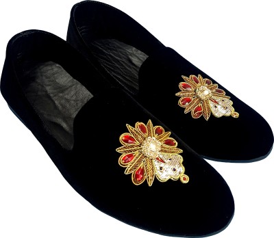 Ajanta Embroidery Handmade and Hand Embroidered Zardozi Shoes on Black Velvet Loafers For Men(Black , 8)