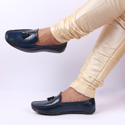FAUSTO Textured Print Side Stiched Casual Slip On Tassel Loafers Shoes and Mocassin For Men(Navy , 9)