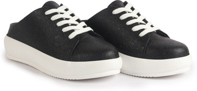 FAUSTO Back Open Glitter Mule Sneakers with Lace-Up Front|Platform Sole Slip On Shoe Casuals For Women(Black , 4)