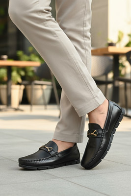 BOOTFORGE Men's Slip On Faux Leather Loafer Shoes Loafers For Men(Black , 6)