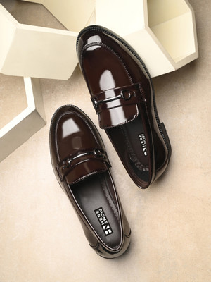 HERE&NOW Men Petant Solid Formal Slip On Shoes With Buckel Loafers For Men(Brown , 9)