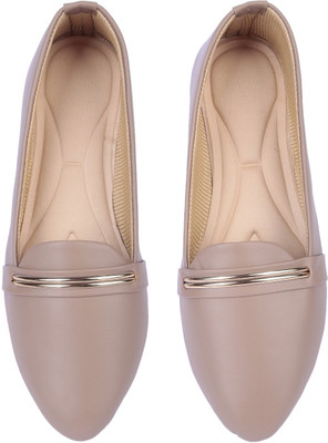 AKD Women Leather Loafers with Metal Accent, Slip-On Style Bellies For Women(Beige , 8)