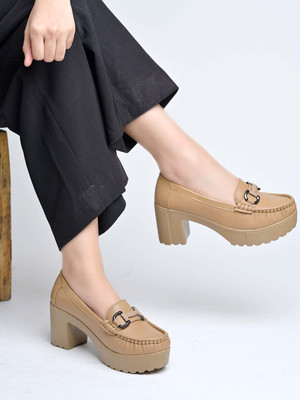SHOETOPIA High-Heel Platform Loafers|Chunky Block Heel Dress Shoes with Horsebit For Girls Loafers For Women(Beige , 3)