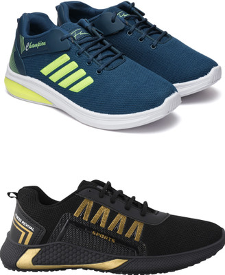 Free Kicks Combo Of 2 Shoes FK-576 & FK-393 Sneakers For Men(Gold, Blue, Black , 8)