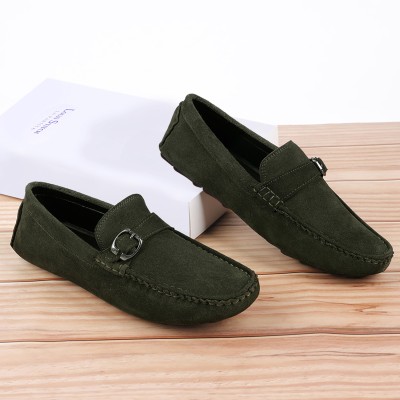 LOUIS STITCH Green Suede Leather Casual Loafers for Men (ITSUB) Size 8 Loafers For Men(Green , 8)