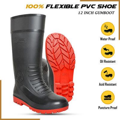 foot trends Safety Gumboots, 12-inch, Non-Metallic Toe Cap, Oil and Acid Resistant, Boots For Men(Red , 9)