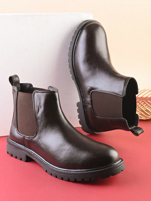 Roadster Men brown solid round toe pu high top regular slip on office wear casual slip o Boots For Men(Brown , 8)