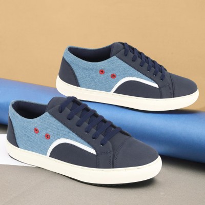 FAUSTO Colorblocked Upper Denim Strip Design Comfort Lace Up Canvas Shoes Mojaris For Men(Blue, Navy)