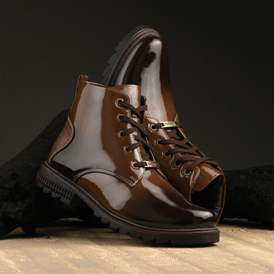Vellinto Royal VIROLA Party Wear ll Casual ll Latest Patent Leather Boots for Men Boots For Men(Brown , 8)