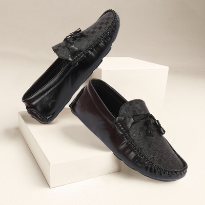 FAUSTO Textured Design Casual Tassel Slip On Driving Loafer and Mocassin For Men(Black , 9)