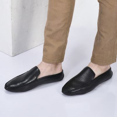 FAUSTO Stitched Block Design Pattern Back Open Slip On Shoes Loafers For Men(Black , 10)