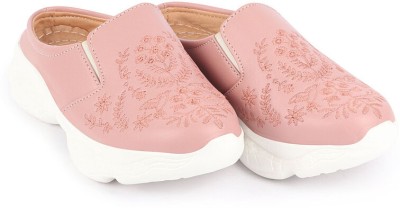 FAUSTO Floral Print Embroidery Design Back Open Slip On Mules Shoes Mojaris For Women(Pink)