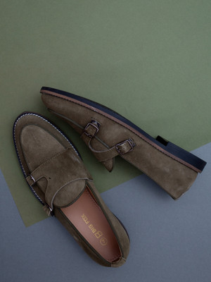 BIG FOX Leather Double Monk Strap Loafers For Men(Olive , 11)