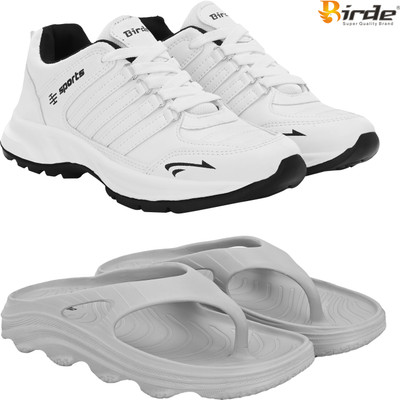 Birde Birde Stylish Combo Pack of 2 Lightweight Gym, Running Shoes With Slippers Walking Shoes For Men(White, Grey , 7)