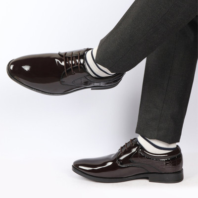 FAUSTO Patent Leather Party Formal Embossed Design Office Lace Up Shoes Derby For Men(Brown , 10)