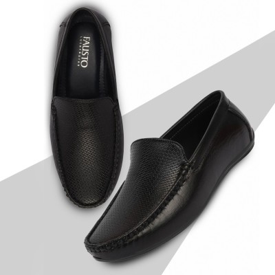 FAUSTO Textured Print Side Stiched Casual Slip On Loafers Shoes and Mojaris For Men(Black)